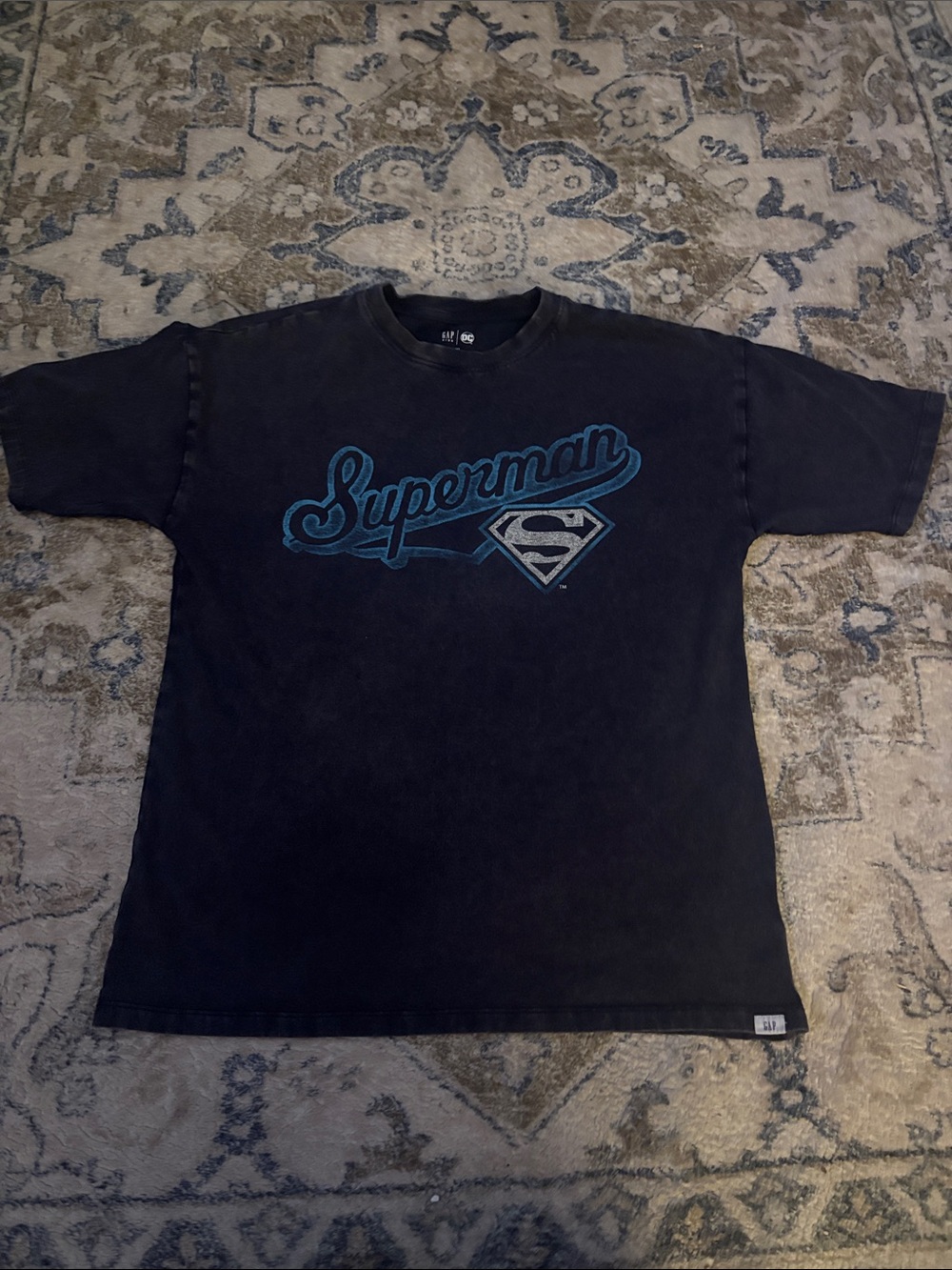 GAP Black Tee with Blue Superman Script